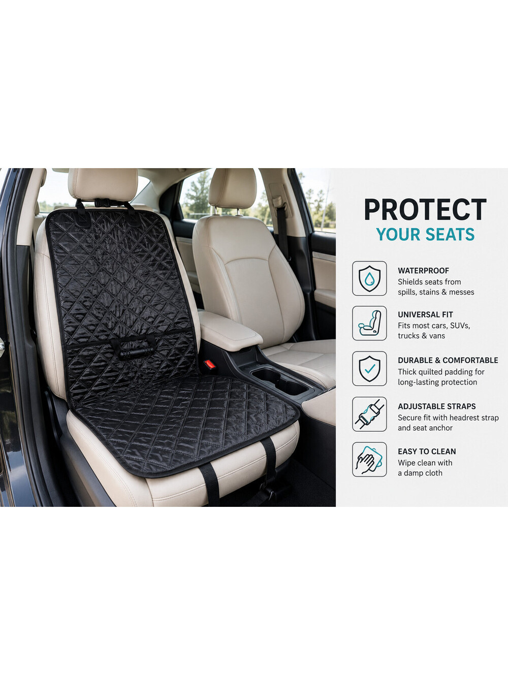 Universal Quilted Car Seat Protector Mat w/ Storage Pockets Waterproof Black
